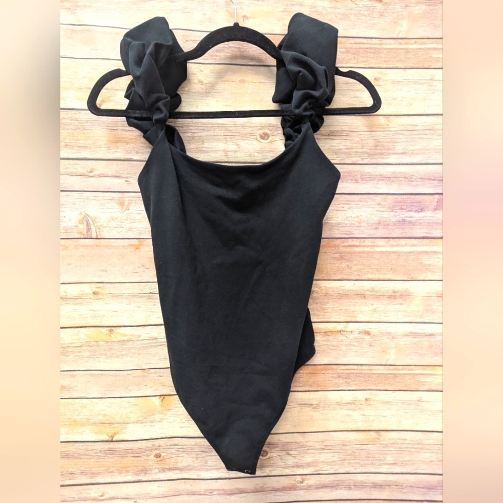 NWT Free People Black Bodysuit Size Large One Piece Sleeveless Ruched Strap Wome